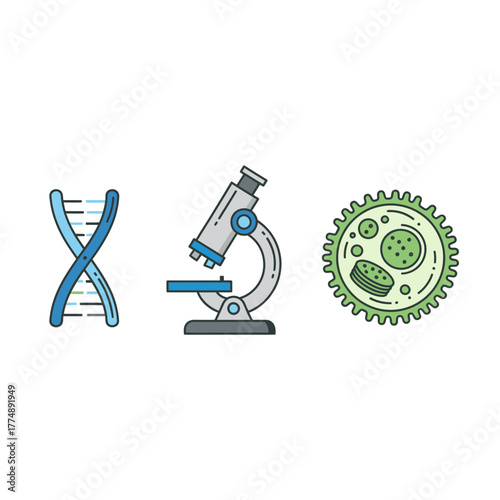 DNA, microscope, and cell illustrations for science.