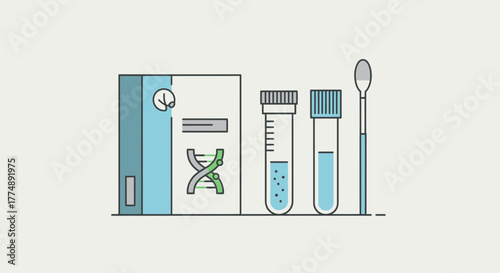 Medical test kit with dna symbol test tubes and swab.