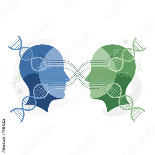 Two abstract heads facing each other with DNA strands.
