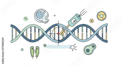 DNA helix with syringe and cells, representing genetic research.