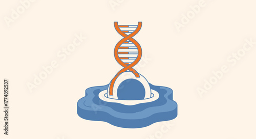 DNA helix emerging from a blue liquid and white sphere.