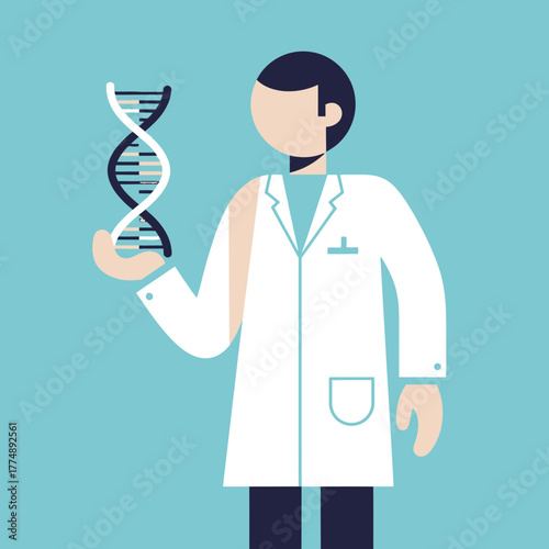 Scientist holds DNA helix, wearing lab coat and dark pants.