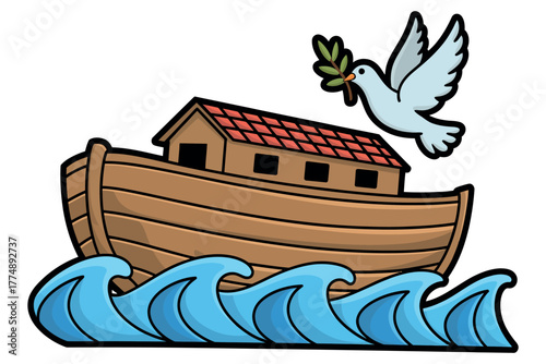 Peaceful dove with olive branch flies over Noah's ark on wavy sea, symbolizing hope and new beginnings.