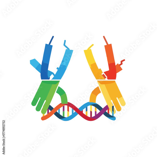 Abstract hands connect to a colorful DNA helix.