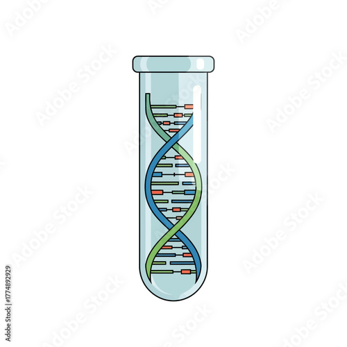Test tube containing a colorful dna helix illustration.