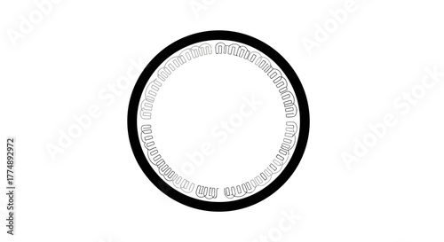 Black and grey circular graphic with repeating abstract shapes.