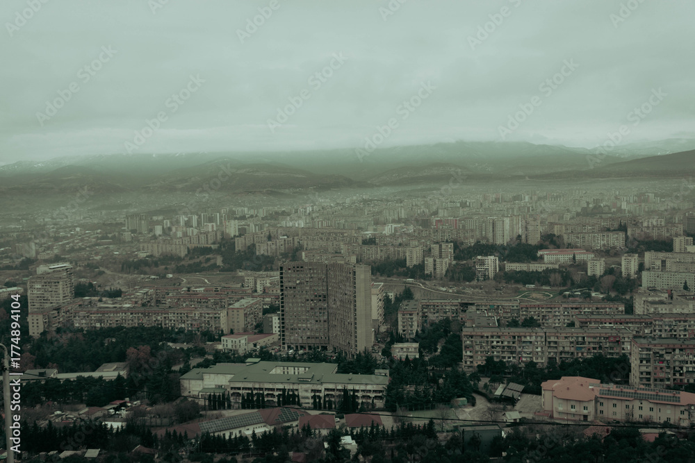 Obraz premium Urban Cityscape Soviet Architecture Panel Buildings Fog Elevated View Moody