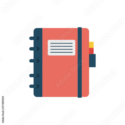 Red spiral notebook with elastic closure and tab.