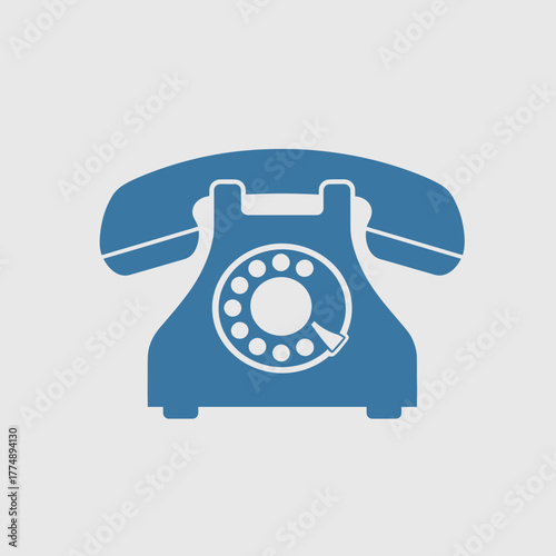 Blue vintage rotary telephone icon on a gray background.