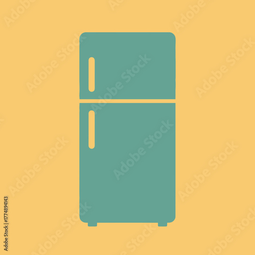 Teal refrigerator against a warm yellow background.