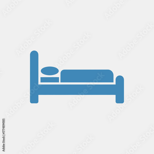 Blue icon of a bed with pillow and blanket.