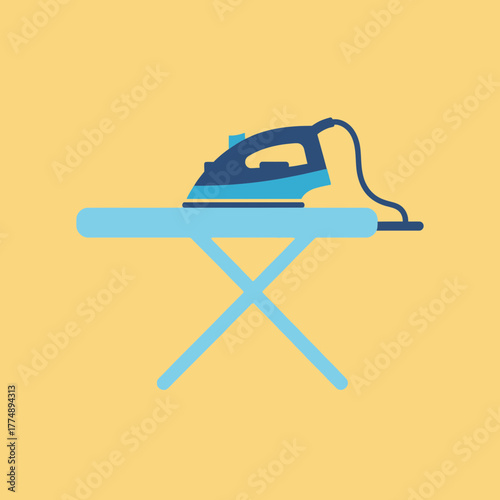 Blue iron on a light blue ironing board against yellow background.