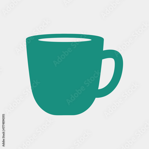 Teal mug with white liquid on a light gray background.