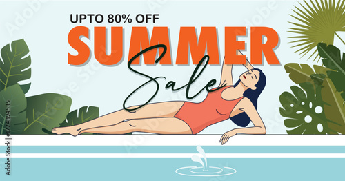 Summer Sale Promotion Banner with Woman Relaxing by Poolside Offering Discounts