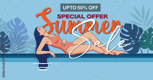 Summer Sale Banner with Woman in Orange Swimsuit Relaxing beside Pool Water and Tropical Leaves — Special Offer Up to 50% Off, Modern Vacation Promotion Poster Design