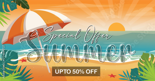 Tropical Beach Scene Advertising Summer Holiday Deals and Relaxation with a Beautiful Sunset