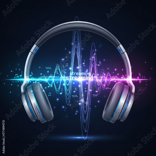 Headphones with a sound wave and music notes floating around on a dark background with streaming text created with generated ai