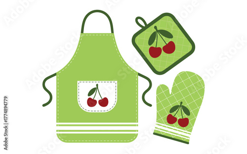 Cheerful kitchen set with apron, pot holder, and oven mitt featuring cherry pattern