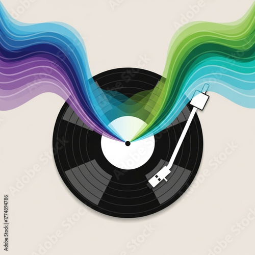 Vinyl record player with colorful waves emanating from the center and a needle on the record created with generated ai
