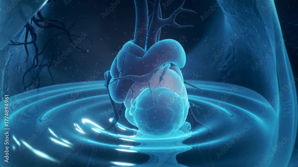 Close-up 3D visualization of fetal heartbeat and fluid motion inside womb. Pregnancy and human anatomy concept.
