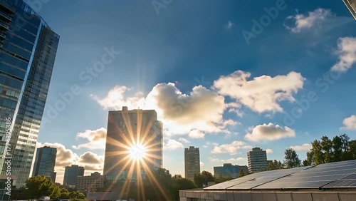 Sunlit  azure heavens with white nebulous masses solar glare illumination beams radiant sunshine filled diurnal cycle daylight in a blue partly cloudy sky during the midday hours accelerated video of