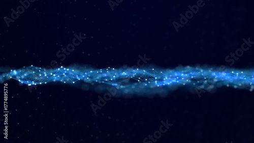 Waves transmit silent codes through a luminous matrix. Particles pulse with digital motion. 3D rendering. Seamless loop.