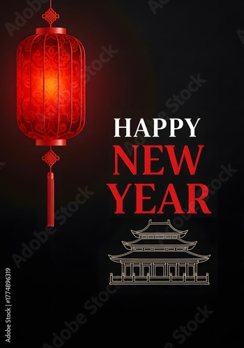 Happy New Year with Red Lantern and Temple Silhouette on Black Background, Festive Celebration Design

