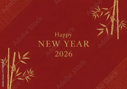 Elegant Happy New Year 2026 Card with Gold Bamboo on Red Background, Festive Celebration Design

