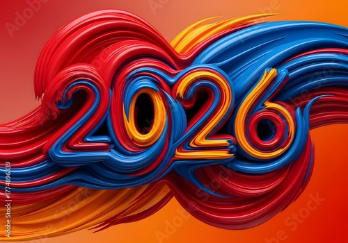 Vibrant 2026 New Year with Swirling Red and Blue Waves, Festive Celebration Design for Greeting Cards

