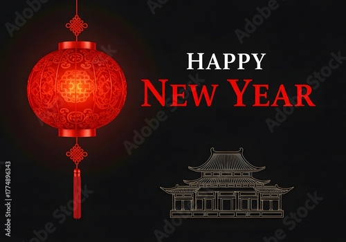 Happy New Year with Red Lantern and Temple Silhouette on Black Background, Festive Celebration Design