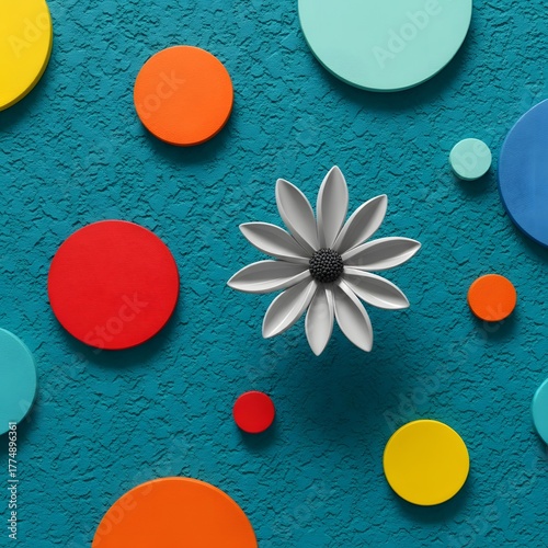 Abstract Colorful Paper Circles and Flower on Teal Background, Modern Design for Creativity and Art


