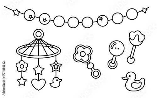 A collection of simple line drawings depicts baby toys including a mobile, rattles, and a rubber duck.