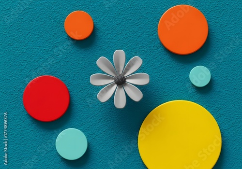 Abstract Colorful Paper Circles and Flower on Teal Background, Modern Design for Creativity and Art

