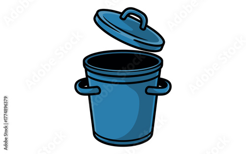 A blue trash can with its lid open on a white background.
