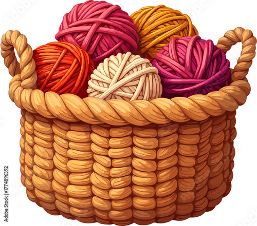 A detailed hand-drawn illustration of a cozy woven basket filled with colorful soft yarn balls in warm tones, perfect for textile craft themes, knitting projects, crocheting concepts, hobby design, an