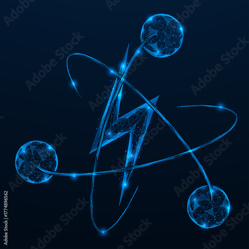 The quantum energy core. Lightning is built into the atomic orbit. The concept reflects the future of energy and nuclear power. Polygonal design, blue background.