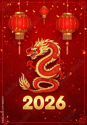 Vibrant red Chinese New Year design featuring a golden dragon and hanging lanterns, celebrating 2026 as the Year of the Dragon with festive luck, prosperity, and cultural tradition.

