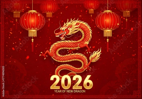 Vibrant red Chinese New Year design featuring a golden dragon and lanterns, celebrating 2026 as the Year of the Dragon with festive luck, prosperity, and cultural tradition.

