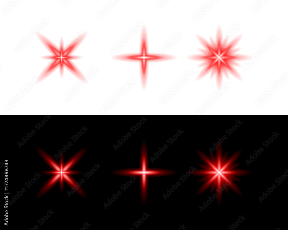 Obraz premium Set of Red Glowing Lens Flare Starburst Effects on Black and White Backgrounds