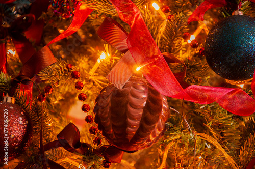 Happy new year 2026. Christmas tree decoration at home for Xmas with colorful decor and lights