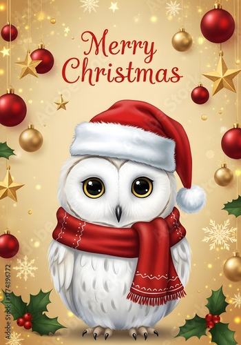 Cute white owl in Santa hat and red scarf, surrounded by holly, ornaments, and stars with “Merry Christmas” text for festive holiday warmth.

