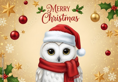 Adorable white owl wearing Santa hat and red scarf, surrounded by holly, ornaments, and stars with “Merry Christmas” text for festive holiday cheer.

