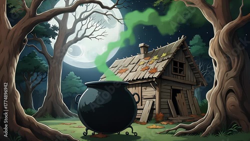 tiny misshapen dwelling in the heart of a forest  with lunar light emphasizing gnarled boughs and trees  and a pot over a fire emitting emerald-hued