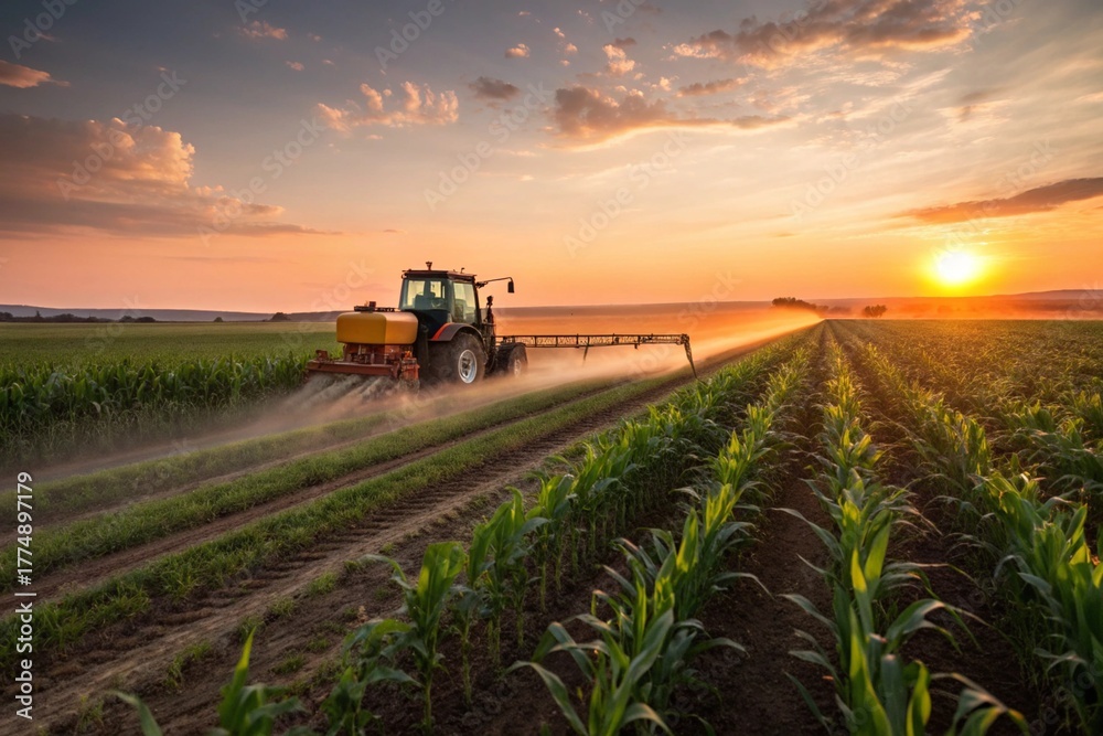 Fototapeta premium Tractor working in agricultural field during sunset. Modern farming, cultivation, soil management, agriculture industry, food production, environment, sustainability, and rural economy concept
