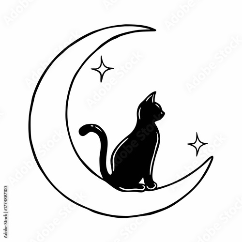 Minimalist black cat sitting gracefully on a crescent moon with shining stars. Elegant vector design perfect for tattoos, prints, stickers, and mystical decor.