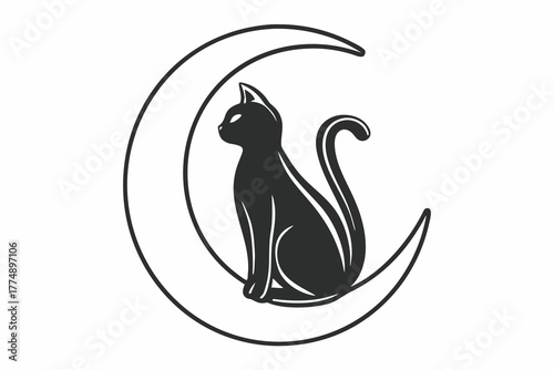 Minimal elegant vector of a black cat sitting on a crescent moon. Perfect for tattoo design, mystical decor, logo, witchcraft, and celestial illustrations.