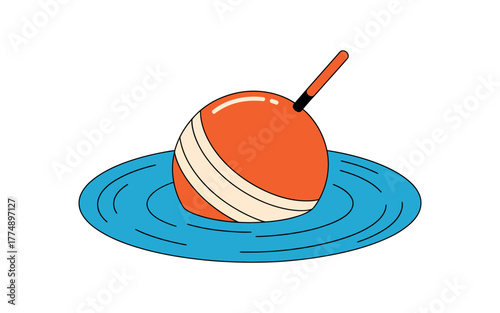 An orange fishing bobber floats on rippling blue water with a white stripe.