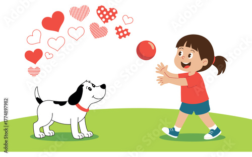 A young girl plays fetch with her dog, throwing a ball with hearts floating above them.