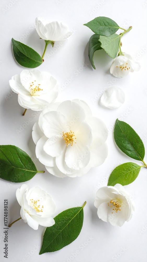 Obraz premium Delicate white camellia flowers with green leaves flat lay composition on a white background.