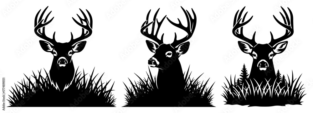 Obraz premium Silhouette deer heads emerging from meadow grass – minimalist wildlife emblem set